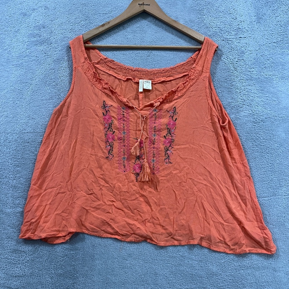 Passport Tank Top Womens XL Orange Floral Embroidered Tasseled Smocked Neck